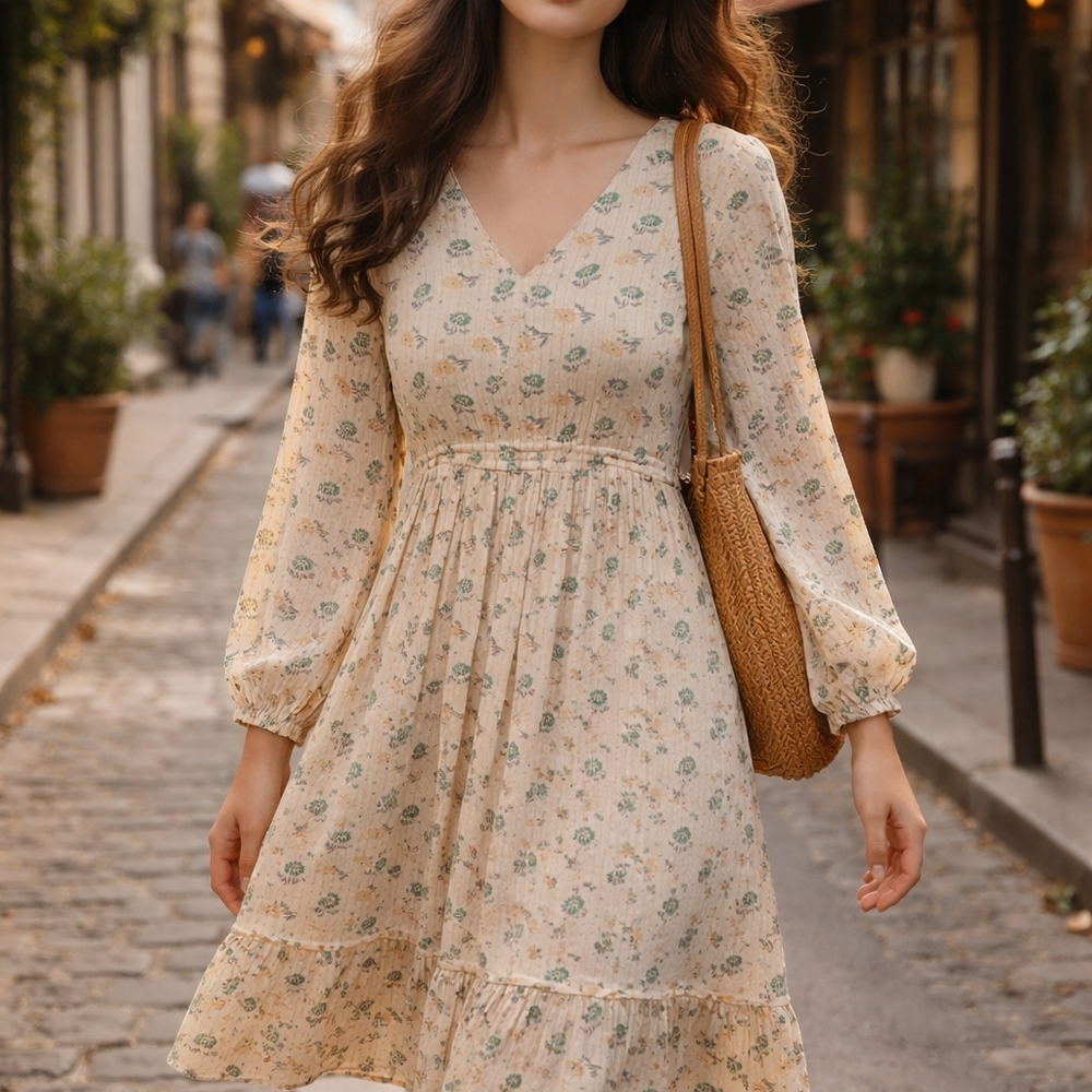 MANGO Floral Boho Dress. Cream With Small Gold Accents 💛